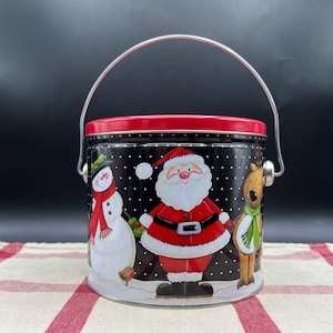 Vintage Style Collectable Santa and His Pals Bucket Christmas Holiday Tin With Lid
