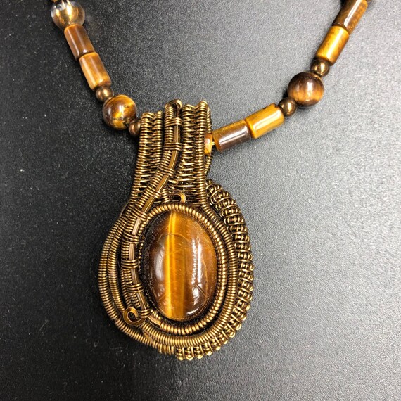Large Tiger/'s Eye Wire Wrapped Pendant Necklace Jewelry