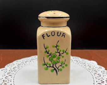 Hand Painted 1920's Antique Moriyama Pottery Green and Black Cherry Blossom Flour Shaker Jar