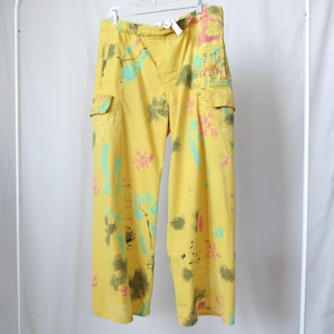 VINTAGE Early 2000s Polo Ralph Lauren Painted Cargos Yellow Men&#39;s M Cotton Beach Y2K Cargos Art Streetwear Rare Archive Designer Style