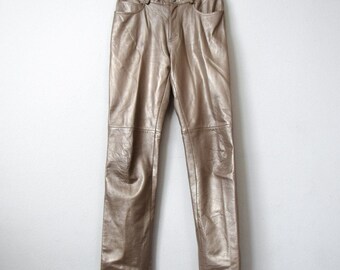 Vintage 90s Hugo Buscati High Waist Leather Moto Pant in Gold Bronze Straight Leg Size- 6 Tall Leather Pants, Biker Chic, Luxury Designer