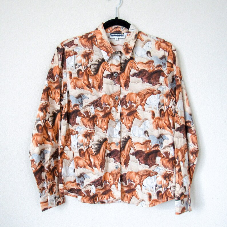 Vintage Boho Western Button Up Horse Graphic Shirt Country Shirt VINTAGE Western Horsey Button Up Long Sleeve Shirt Size S