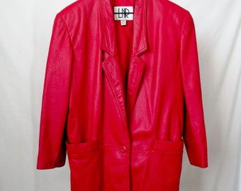 VINTAGE 1980s Chic Red Leather Blazer Jacket Size- L Classic Italian Style Baggy Fit Statement Piece Genuine Real Leather Jacket Cherry Red