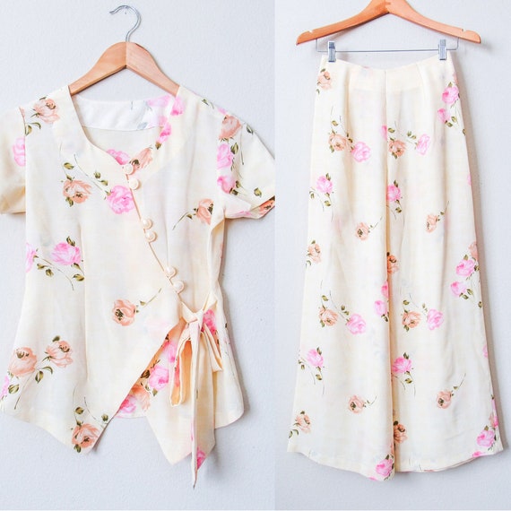 VTG Floral Matching Two Piece Pant Set SIZE XS, Ro
