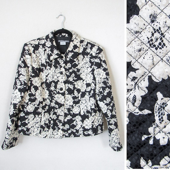 VINTAGE Floral Print Silk Jacquard Quilted Jacket… - image 1