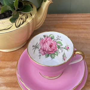 Może przedstawiać: Różowy zestaw filiżanki i spodeczka do herbaty ze złotą obwódką. Filiżanka do herbaty zdobiona jest wzorem kwiatowym z różową różą.