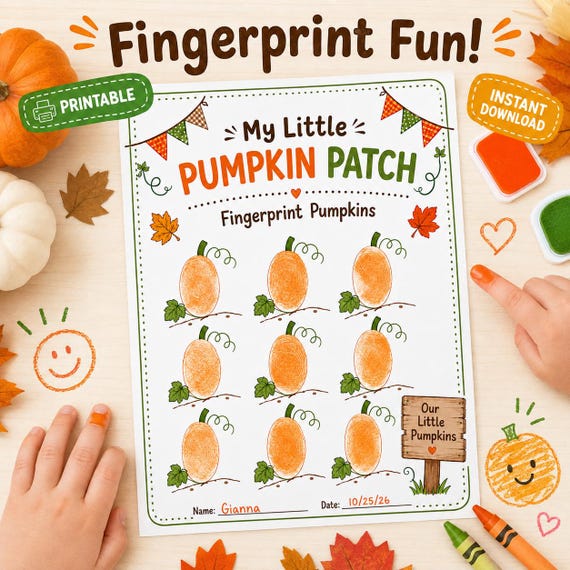 Halloween Fingerprint Pumpkin Craft Printable, Fall Kids Activity, Preschool Pumpkin Art, Toddler Fingerprint Painting, Autumn Keepsake