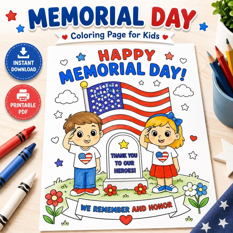 Memorial Day Coloring Page Printable, Memorial Day Kids Activity ...