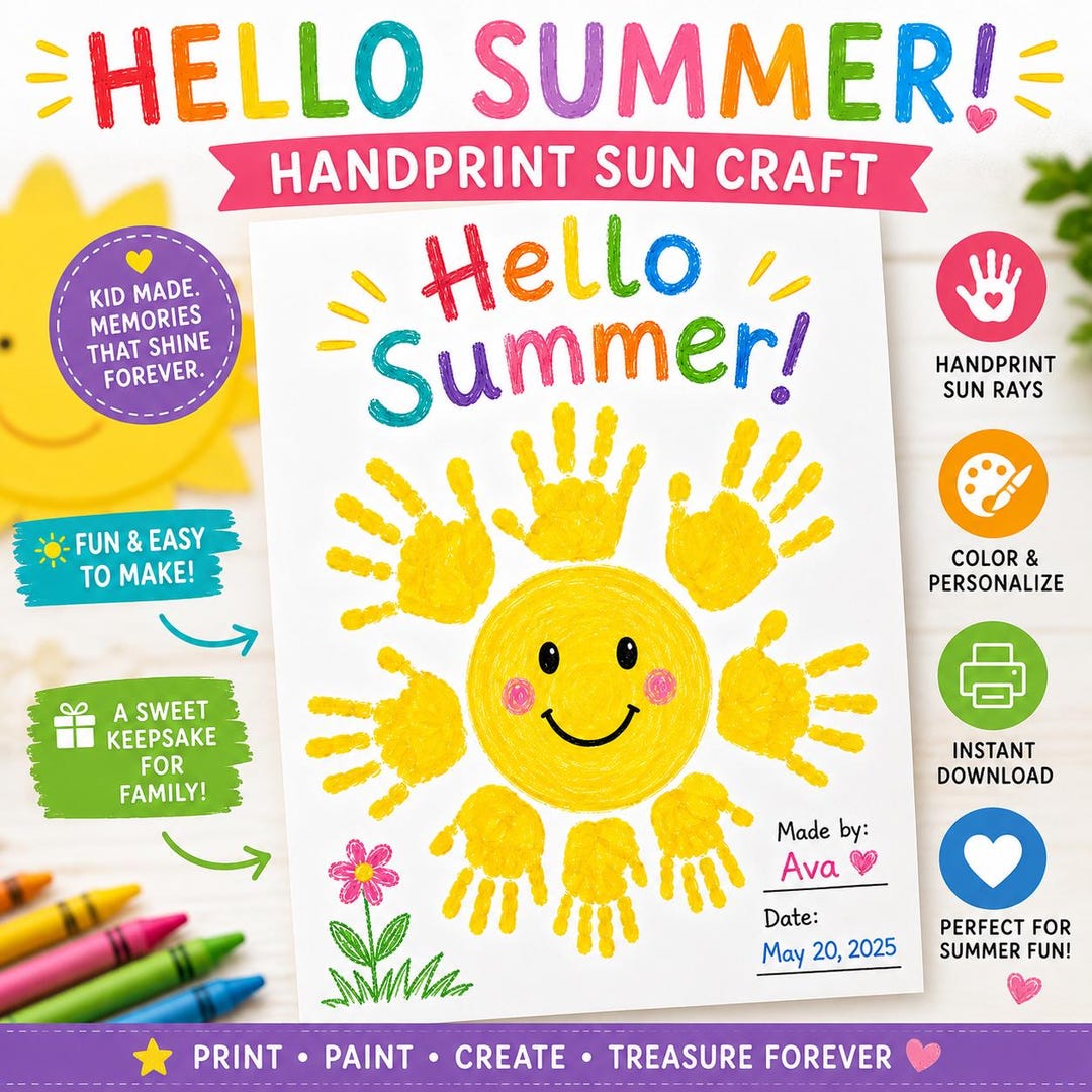 Summer Handprint Sun Craft Printable, Hello Summer Coloring Page ...