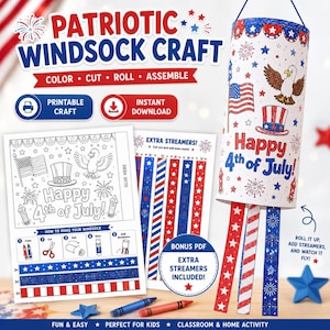 May include: A printable patriotic windsock craft kit featuring a white cylinder with red, white, and blue illustrations of an eagle, a top hat, fireworks, and the text Happy 4th of July. Includes instruction sheets and red, white, and blue streamers.
