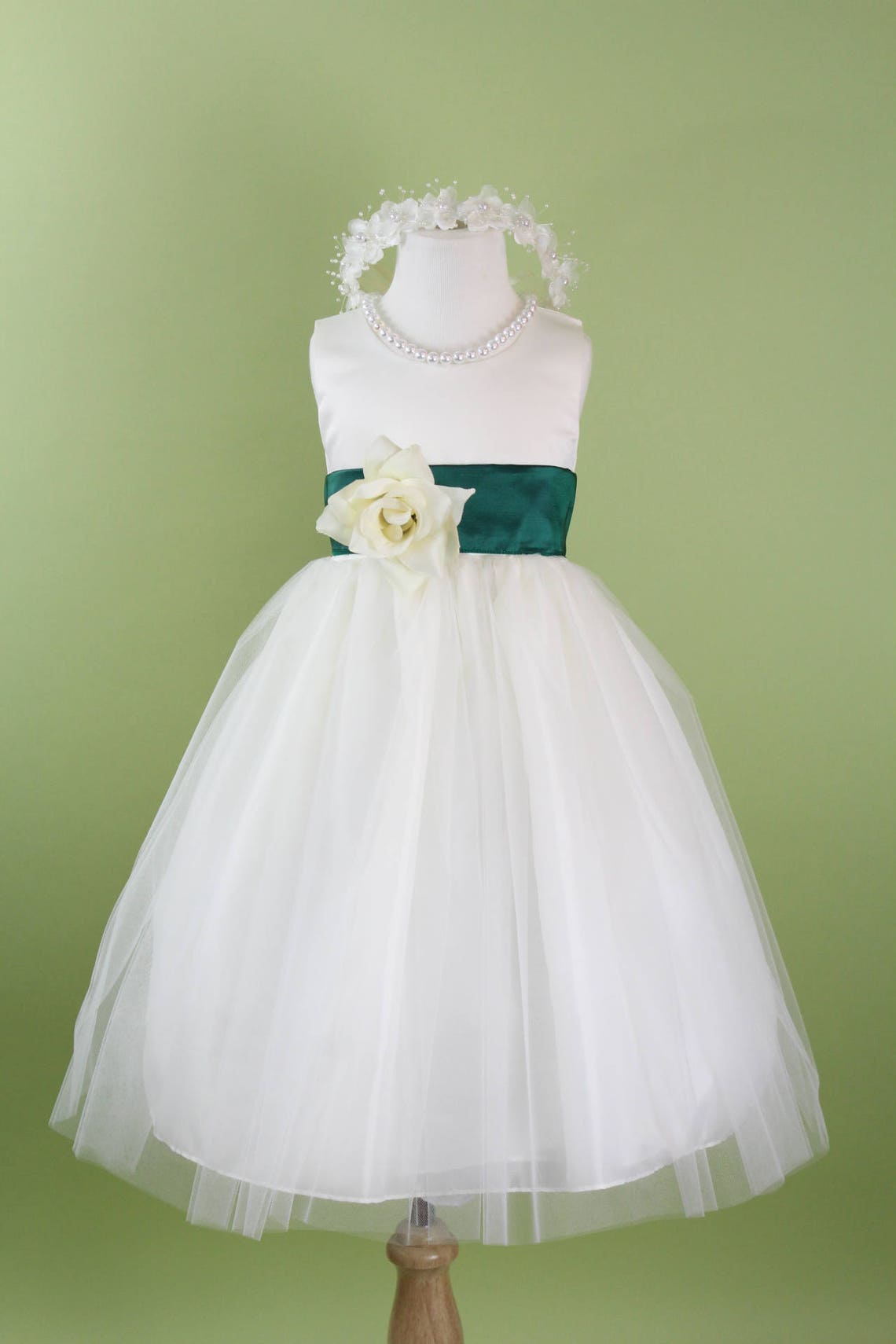 Flower Girl Dress with Classic Tulle Skirt Hunter Green Sash | Etsy