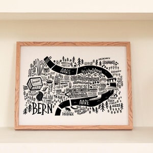 Stadsplattegrond Bern Zwitserland kerstcadeau Giving Ready to Ship, zwart-witafdruk voor moderne interieurs. Cadeau voor bergliefhebbers en wandelaars