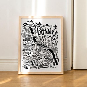 BONN Plan illustré de la ville d'Allemagne. Décoration murale de voyage monochrome contemporaine pour une décoration de salon. Cartes illustrées par Sira Lobo