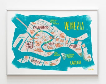 Venice Italy Illustrated map. Venezia Illustration and Lettering map. Italia print for travel lovers. Illustrated City Maps