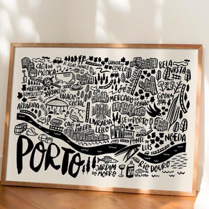 Carte de la ville illustrée de Porto, Portugal en noir et blanc. Options d'encadrement et dimensions disponibles. Pour une vie neutre, contemporaine et moderne.