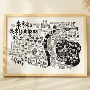 Ljubljana Stadt Karte Print. Stadt Original Illustration. City Guide Map Druck. Karten. Slovenien. Liubliana Druck. Schwarz/weiß gedruckter Stadtplan