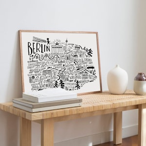 Berlin map illustration in black and white for living room decor. Berlin, Germany illustrated map for travel wall and traveler’s gift.