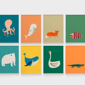 SET DE 8 LÁMINAS DE ANIMALES para decorar habitaciones infantiles. Decoración de pared infantil. Láminas de animales para habitaciones infantiles con temática de animales.