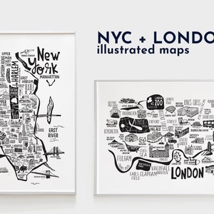 New York und London Stadt Karten Wohnzimmer Kunst. Illustrierte Originalkarten für Reisende. Schwarz-Weiß-Karten als Reisewanddekor