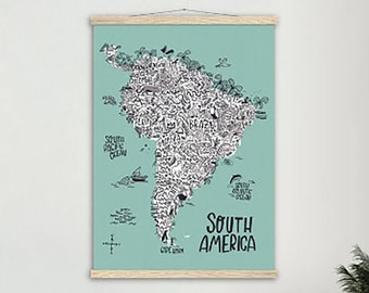 South America Poster & wood Hanger. Ready to Hang educational map por play room. Classroom geography map. Archival matte paper