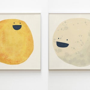 Moon and Sun Poster Set di 2 stampe Yellow Nursery Print, Sunrise e Moonlight Grandi stampe per bambini Room Decor, Playroom Poster.