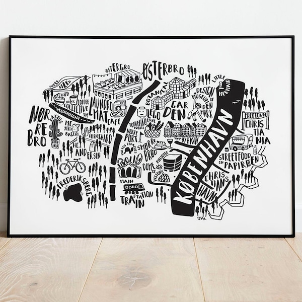 Copenhagen city Map. Denmark illustration. City Guide. Map print. My fave places in Copenhagen. Maps. Black and white map