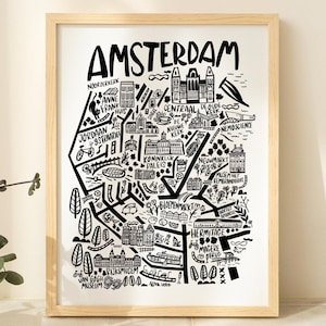 Impression de carte d'AMSTERDAM Pays-Bas. Illustration originale de la ville. Impression cadeau du voyageur. Petites illustrations ou grands caractères en noir et blanc
