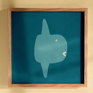 May include: A framed illustration of a blue ocean sunfish, also known as a mola mola, against a teal background.