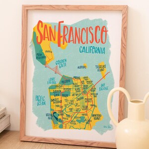 San Francisco Kalifornien Karte. Hand beschrifteter Stil für alle Viertel und das goldene Tor in der Bucht. USA Cali