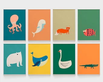 ANIMAL SET of 8 prints for kids room decor. Wall art decor for kids. Animal prints for nursery and toddler colorful animals themed room