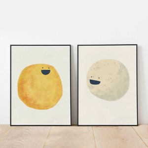 Moon and Sun Poster Set di 2 stampe Yellow Nursery Print, Sunrise e Moonlight Grandi stampe per bambini Room Decor, Playroom Poster.