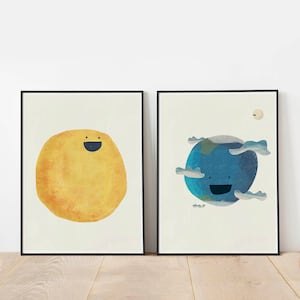 Sun and Earth Poster Set of 2 prints Yellow Kids room decor,. Solar System Big Prints for Kids Room Decor, Playroom Poster, Planets