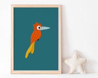 WOODPECKER bird art print for kids room decor. Woodland themed room decor for children in colorful modern style