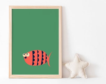 CORAL REEF FISH poster for kids room decor printed in sustainable paper. Children wall art. Red fish animals decor. Poster for playroom.