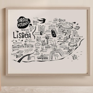 Carte illustrée de Lisbonne, art de la ville du Portugal, illustration de la ville de Lisbonne, prêt-à-accrocher souvenir, décoration murale de voyage