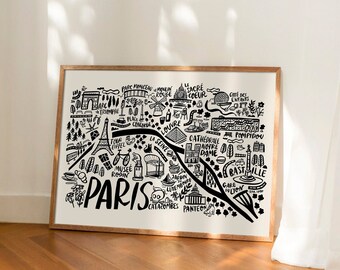 PARIS city map artwork in black and white for contemporary home decor. France traveler's gift for travel wall decor