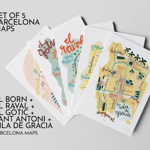 Barcelona Set mit 5 Stadtteilkarten. El Raval, El Born, vila de Gràcia, El Gòtic und Sant Antoni illustrierten Karten von Barcelona