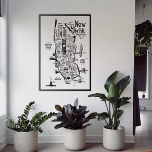 New York illustrated map for living room decor, framed in wooden black frame