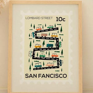 Impresión de Lombard Street, San Francisco – Póster californiano estilo sello – Ilustración emblemática de San Francisco – Mural de viajes minimalista – Papel sostenible