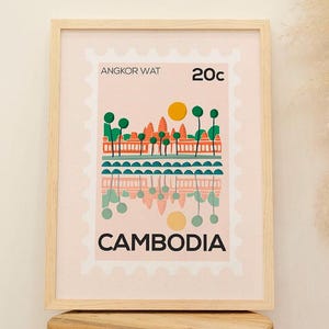 Lámina artística de Angkor Wat – Póster estilo sello de Camboya – Ilustración de viaje para pared – Papel mate sostenible – Decoración emblemática de templos
