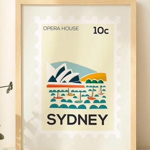 Impresión de la Ópera de Sídney – Póster estilo sello australiano – Ilustración de un monumento moderno – Arte mural minimalista de viajes – Papel sostenible