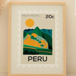 Impresión de Machu Picchu, Perú – Póster de viaje estilo sello – Ilustración de ruinas incas – Arte mural de la Cordillera de los Andes – Papel mate sostenible