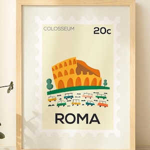 Impresión del Coliseo Romano – Póster estilo sello de Italia – Ilustración de un monumento histórico – Arte mural minimalista de viajes – Papel mate sostenible