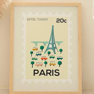 Paris Eiffelturm Kunstdruck – Stempel-Stil Wandkunst – Französisches Wahrzeichen Poster – Matte Illustration – Nachhaltiges Reise-Dekor