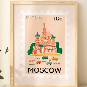 Impresión de la Catedral de San Basilio de Moscú – Póster de viaje estilo sello – Arte mural emblemático ruso – Papel mate sostenible