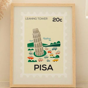 Impresión de Pisa, Italia – Póster con sello de la Torre Inclinada – Arte mural emblemático italiano – Ilustración de viaje minimalista – Papel mate sostenible