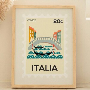 Impresión de Venecia, Italia – Póster estilo góndola – Arte mural del Puente de Rialto – Ilustración de viaje por Italia – Papel mate sostenible