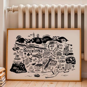 Impression de carte de Barcelone - Illustration numérique de la ville en noir et blanc - Art mural de voyage en Espagne - Décoration moderne de Barcelone - Cadeau pour les amateurs de carte