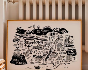 Barcelona Map Print: Black and White City Illustration, Spain Travel Art