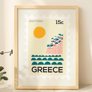Santorini Griechenland Druck - Reiseposter im Stempelstil – Wandkunst der griechischen Insel – minimalistische Kykladen-Illustration – auf mattem, nachhaltigem Papier